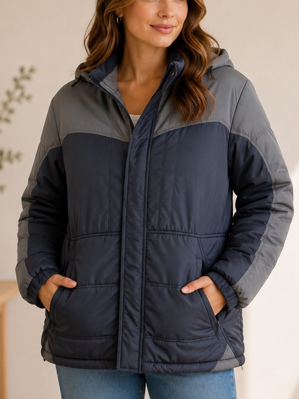 Two-Tone Hooded Puffer Jacket in Dark Gray and Slate
